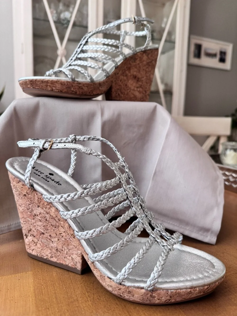 Kate Spade Silver Braided Cage Style Wedge Heel Sandal